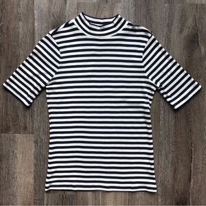 NWT Madewell Navy and White Striped Mock Neck Half Sleeve Tee Size Small